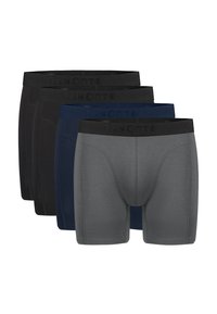 Ceinture de boxers en noir, bleu marine et gris avec un motif uni. Chacun arbore une ceinture élastique avec logo, conçu pour le confort et l'ajustement.