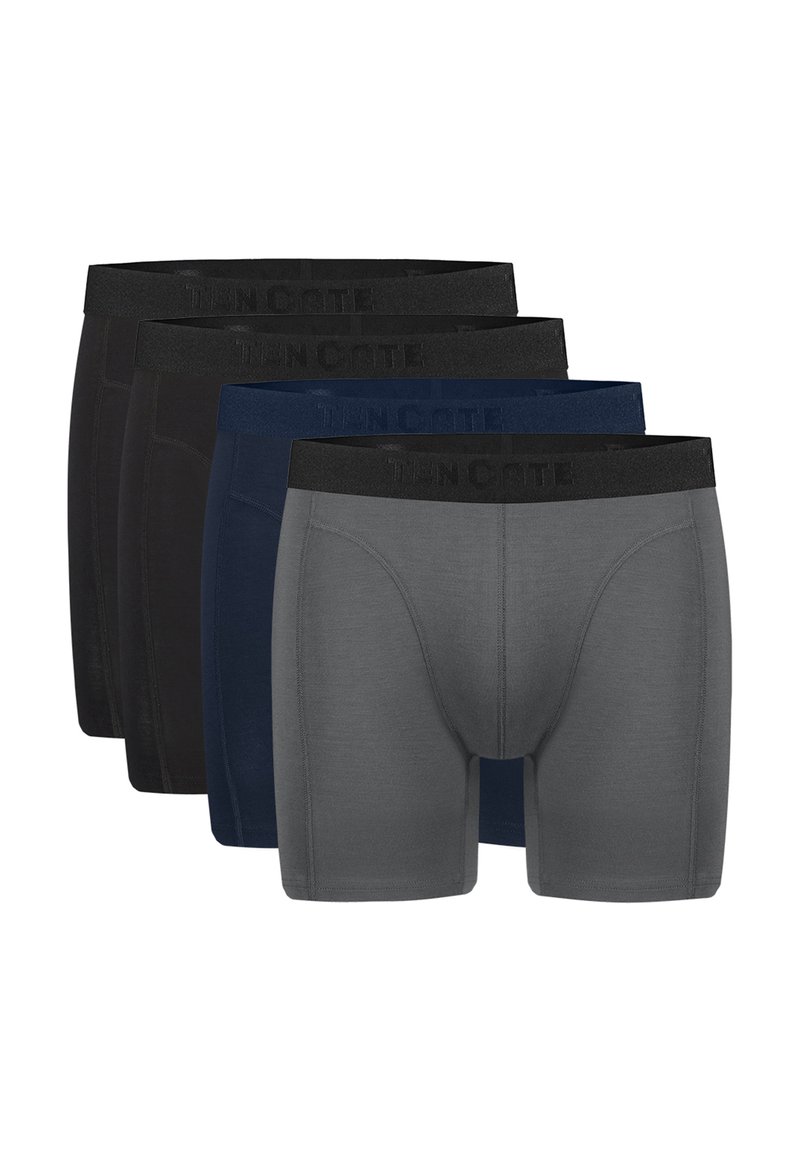 Ceinture de boxers en noir, bleu marine et gris avec un motif uni. Chacun arbore une ceinture élastique avec logo, conçu pour le confort et l'ajustement.