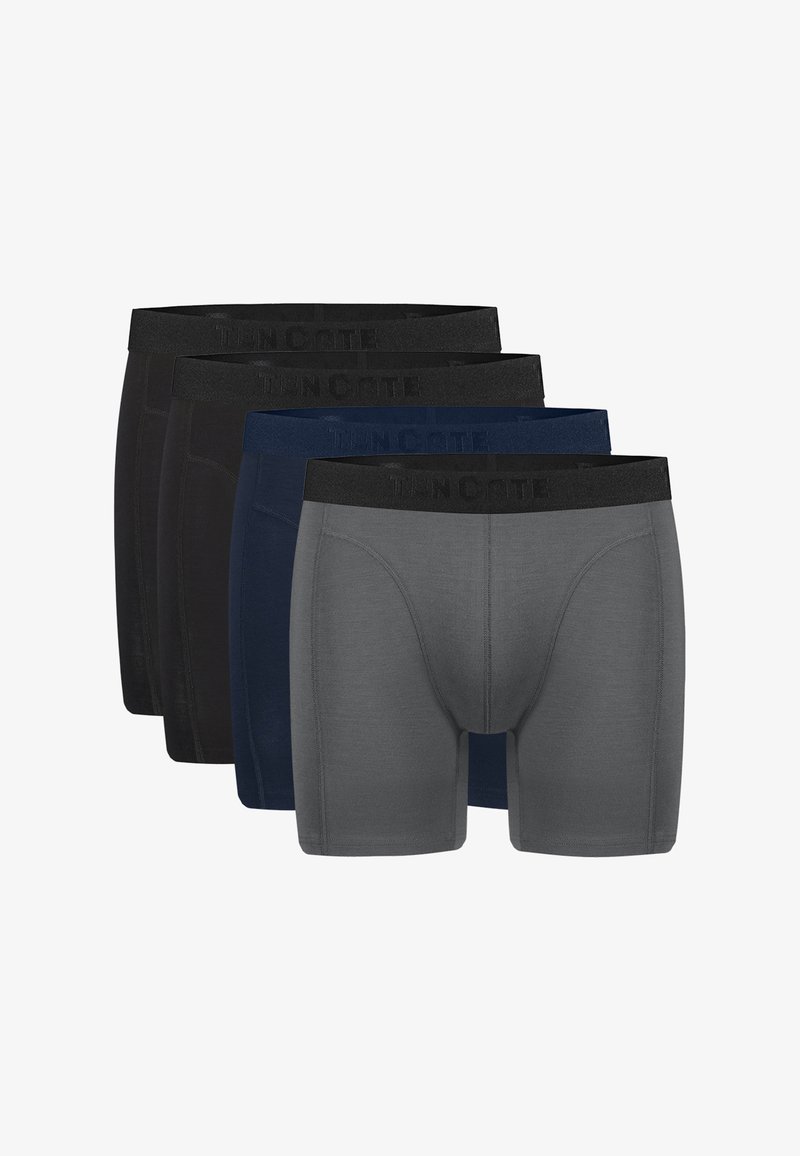 Ceinture de boxers en noir, bleu marine et gris avec un motif uni. Chacun arbore une ceinture élastique avec logo, conçu pour le confort et l'ajustement.