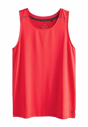 Punane varrukateta sportlik top ümmarguse kaeluse, hingava võrkkangas ja väikeste tumedate helkivate detailidega õlgade lähedal.