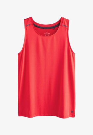 Punane varrukateta sportlik top ümmarguse kaeluse, hingava võrkkangas ja väikeste tumedate helkivate detailidega õlgade lähedal.