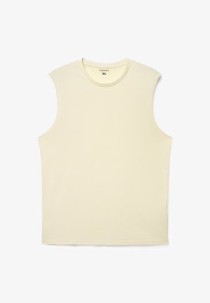 Maglietta smanicata beige in tessuto morbido, con scollo rotondo e design semplice. Etichetta della taglia "XL", senza motivi o accenti.