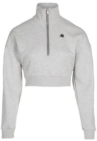 Grijze cropped sweatshirt met een hoge kraag en een kwart-rits, voorzien van geribbelde manchetten en zoom, met een klein zwart logo op de borst.