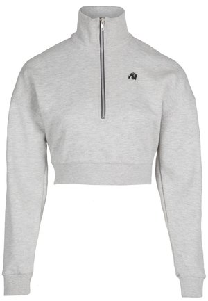 Grijze cropped sweatshirt met een hoge kraag en een kwart-rits, voorzien van geribbelde manchetten en zoom, met een klein zwart logo op de borst.
