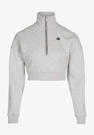 Grijze cropped sweatshirt met een hoge kraag en een kwart-rits, voorzien van geribbelde manchetten en zoom, met een klein zwart logo op de borst.