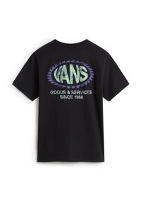 Svart bomullströja med en färgglad grafisk logotyp på ryggen som säger "VANS GOODS & SERVICES SINCE 1966." Kort ärm, klassisk passform.