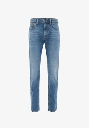 Gai zila džinsu bikses ar taisnu kāju, ar priekšējiem kabatām, pogu aizdari un nelielu nodilumu. Izstrādātas brīvai piegrieztai.