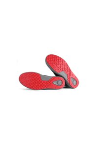 Suole in gomma rossa con un motivo testurizzato, lati grigi e accenti circolari grigi. Design flessibile adatto per comfort e trazione.