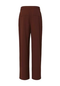 Bruine hooggetailleerde broek met een rechte pijp, voorzien van twee achterzakken en een gladde stofstructuur.