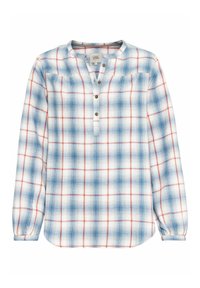 Chemise à manches longues à boutons avec motif à carreaux bleu et rouge, encolure ronde et poignets élastiques.