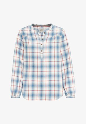 Camisa de manga larga con botones, patrón de cuadros en azul y rojo, cuello redondo y puños elásticos.
