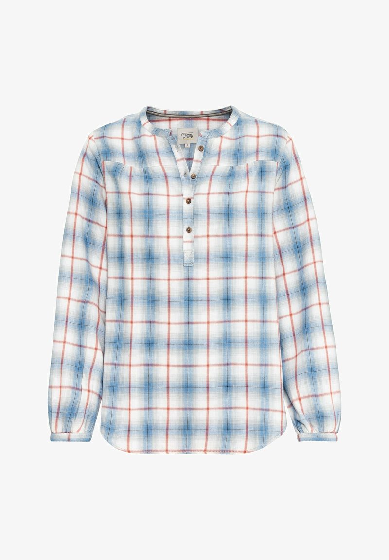 Chemise à manches longues à boutons avec motif à carreaux bleu et rouge, encolure ronde et poignets élastiques.