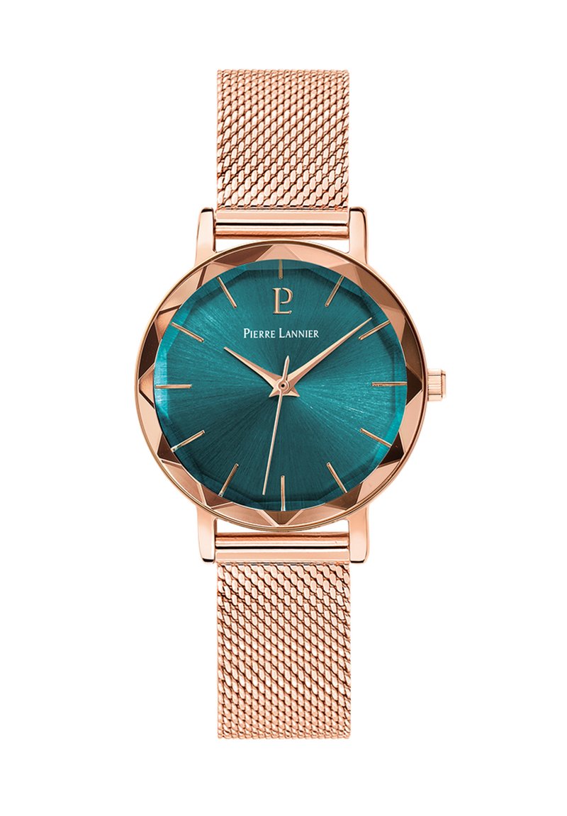 Reloj de oro rosa con una esfera texturizada en color teal y marcadores angulares. Cuenta con una correa de malla en oro rosa y un logo refinado a las 12 en punto.