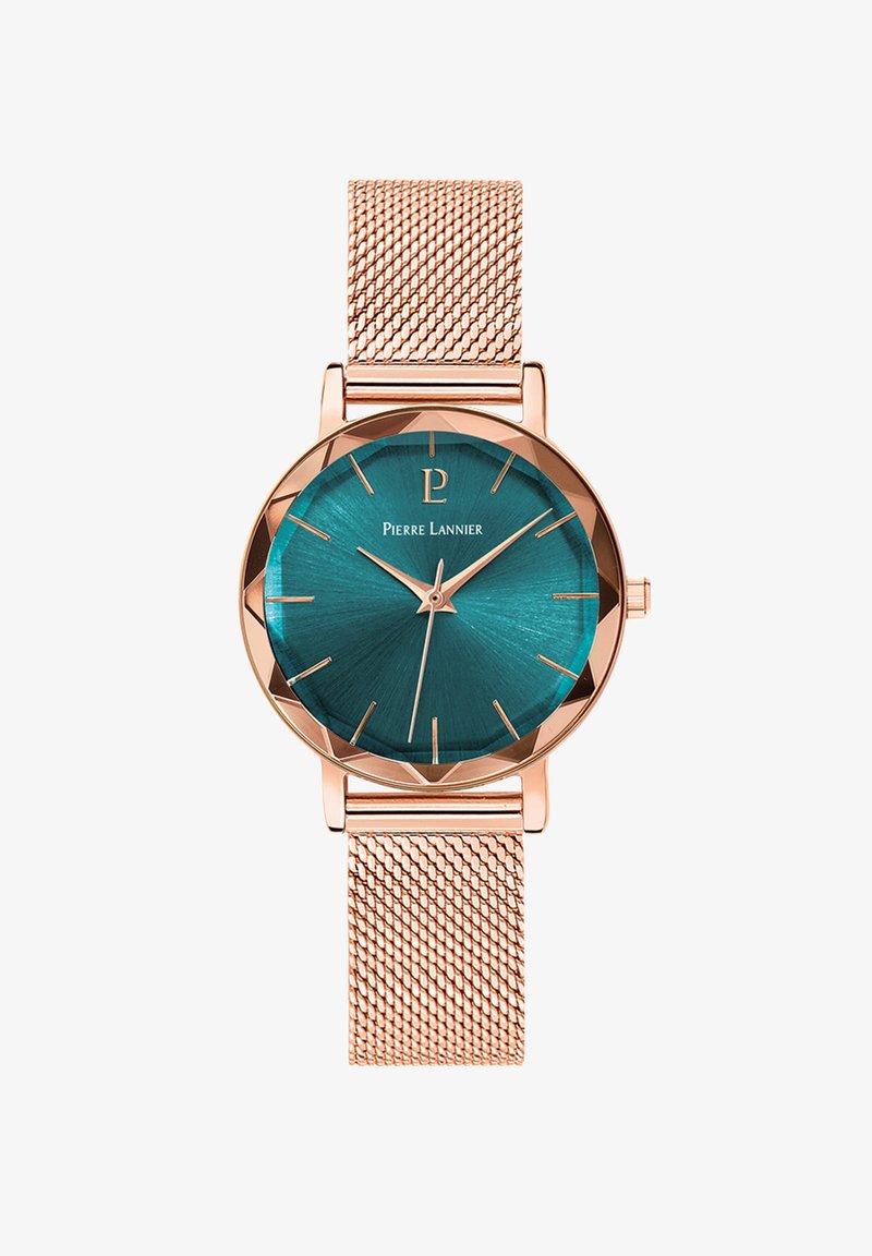 Montre en or rose avec un cadran texturé bleu-vert et des index angulaires. Présente un bracelet en maillon de rose doré et un logo raffiné à 12 heures.