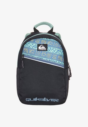 Čierny ruksak s tyrkysovým vzorovaným vrchom, s predným zipsovým vreckom a modrým logom Quiksilver. Vyrobený z odolnej tkaniny.