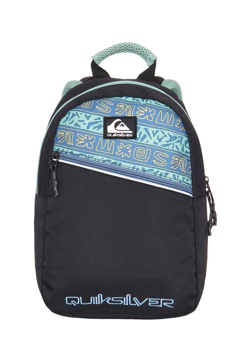 Sort rygsæk med en turkisblå mønstret top, der har en frontlomme med lynlås og Quiksilver-logo i blåt. Fremstillet af slidstærkt stof.
