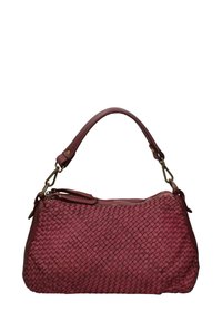 Sac à main en cuir tissé bordeaux avec une bandoulière unique, présentant une surface texturée, des détails en métal doré et une poche zippée.