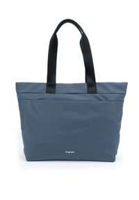Sac fourre-tout bleu en nylon, avec deux poignées en tissu noir et une fermeture éclair. Affiche un logo subtil au centre en bas.