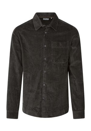 Chemise en velours côtelé gris foncé à manches longues avec fermeture à boutons, poche poitrine côté gauche et col classique.