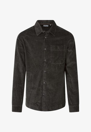 Mørkegrå langærmet fløjlsbluse med knapper foran, brystlomme på venstre side og klassisk krave.