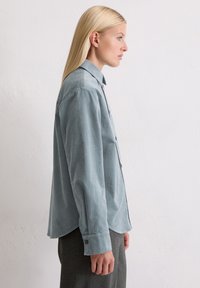 Lichtblauw overhemd met knopen, lange mouwen, zachte textuur, afgeronde zoom en een klassieke kraag, gecombineerd met grijze geruite broek.