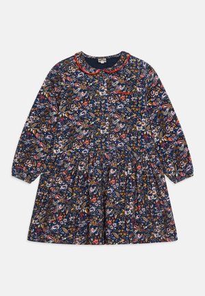 Navy blue floral dress with long sleeves, a round collar, and a gathered waist. Features multicolored floral patterns and button detailing.