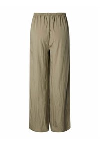 Pantalon ample, taille haute, jambes larges, vert olive clair avec taille élastique et tissu texturé.