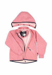 Rosa fleecejacka med avtagbar huva, dragkedja fram och marinblå detaljer. Har sidofickor och ribbade ärmslut. Mjuk textur.