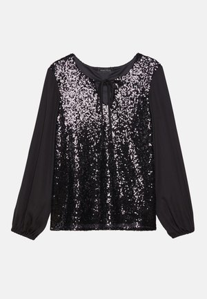 Musta pitkähiha blouse, jossa on paljettiedustus, pehmeä kangas takaosa ja solmdetalji kauluksessa lisätyn muotoilun vuoksi.