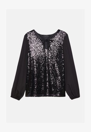 Sort bluse med lange ærmer, der har en front med palietter, en blød stofryg og et bånddetalje ved halsudskæringen for ekstra designinteresse.