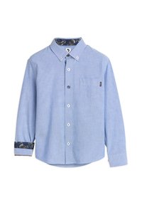 Lichtblauw overhemd met lange mouwen en een button-down kraag, borstzak, witte knopen en Patroonsmanchetten. Katoenen materiaal met een gladde textuur.