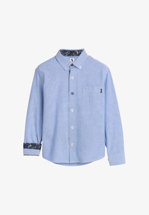 Lichtblauw overhemd met lange mouwen en een button-down kraag, borstzak, witte knopen en Patroonsmanchetten. Katoenen materiaal met een gladde textuur.