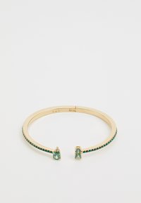 Gouden armband met een rij turquoise stenen, met aan de uiteinden twee grotere turquoise accenten in peervorm en vierkant.