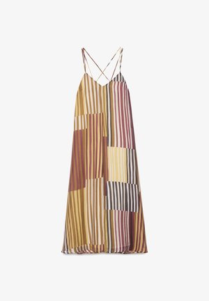 Haljina bez rukava s patchwork uzorkom i tankim križnim naramenicama, s vertikalnim prugama u tonovima gorušice, boje burgundca, krem i sive.