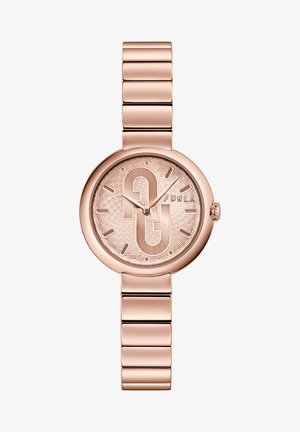 Roze gouden horloge met een ronde kast, een gestructureerde wijzerplaat met een groot logo en een metalen schakelarmband. Minimalistische uurmarkeringen en wijzers.