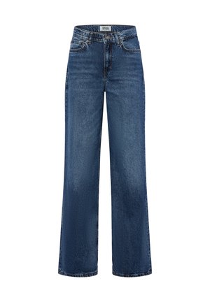 Wijde blauwe spijkerbroek met een hoge taille. Heeft vijf zakken en contrasterende stiksels. De stof heeft een licht gestructureerde afwerking.