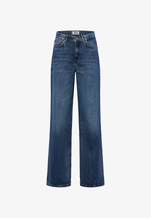 Wijde blauwe spijkerbroek met een hoge taille. Heeft vijf zakken en contrasterende stiksels. De stof heeft een licht gestructureerde afwerking.