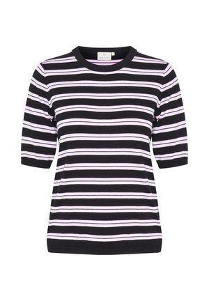 Kratki rukav majica s crno-bijelim prugama i lavanda detaljima. Ima okrugli izrez i mekani, teksturirani pleteni materijal.