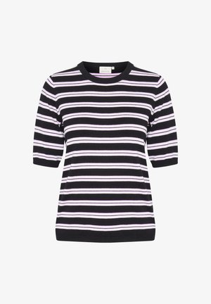 Kratki rukav majica s crno-bijelim prugama i lavanda detaljima. Ima okrugli izrez i mekani, teksturirani pleteni materijal.