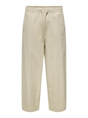 Pantalon beige décontracté avec taille élastique et cordon, jambe droite et tissu léger, présenté sur un fond blanc uni.