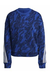 Sudadera azul con un patrón abstracto negro, cuello redondo, puños acanalados y tres rayas blancas en cada manga. Tejido suave.