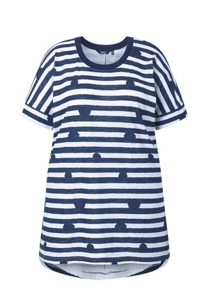 T-shirt à manches courtes rayé bleu marine et blanc avec des lignes horizontales irrégulières et un col rond.