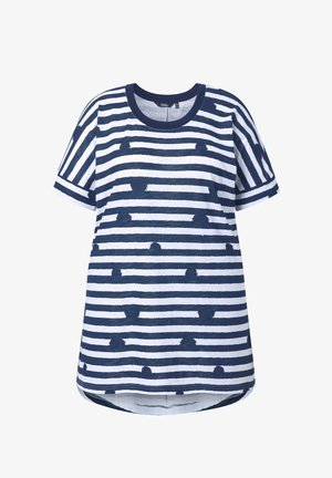 Short-sleeve navy and white striped t-shirt with uneven horizontal lines and round neckline.