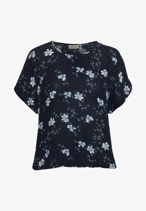 Sötét tengerészkék blúz rövid ujjal, fehér és világoskék virágmintával, kerek nyakkivágással. Puha anyagból készült.