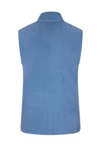 Gilet in pile azzurro chiaro con colletto, design senza maniche, texture liscia e orlo arrotondato. La vista dal retro non mostra chiusure o tasche visibili.