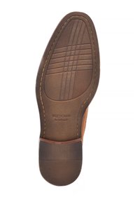 Suela de zapato de cuero marrón con patrones texturizados, ranuras para el agarre y un tacón más oscuro en contraste. Logo grabado cerca del tacón.