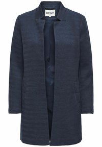 Cappotto strutturato blu navy con silhouette dritta, apertura anteriore e senza chiusure. Presenta un motivo a spina di pesce e tasche laterali.