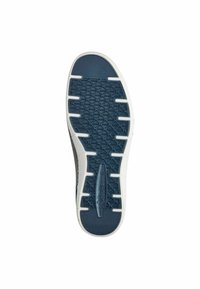 Semelle de chaussure en caoutchouc bleue avec une surface texturée et un bord blanc. Présente un motif géométrique et une ligne de grip centrale. Taille 42.