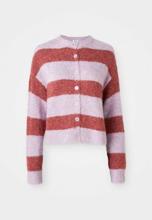 Buttoned cardigan with wide horizontal stripes in dusty rose and muted lavender, featuring a soft, fuzzy texture and long sleeves.