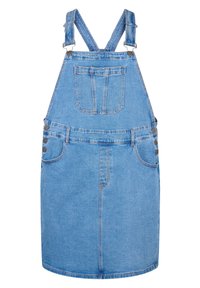 Liivihame denim-kankaita vaaleansinisenä. Säädettävät hihnat, etutasku ja sivupainikkeet. Suora siluetti, helman päättyessä reiden keskiväliin.